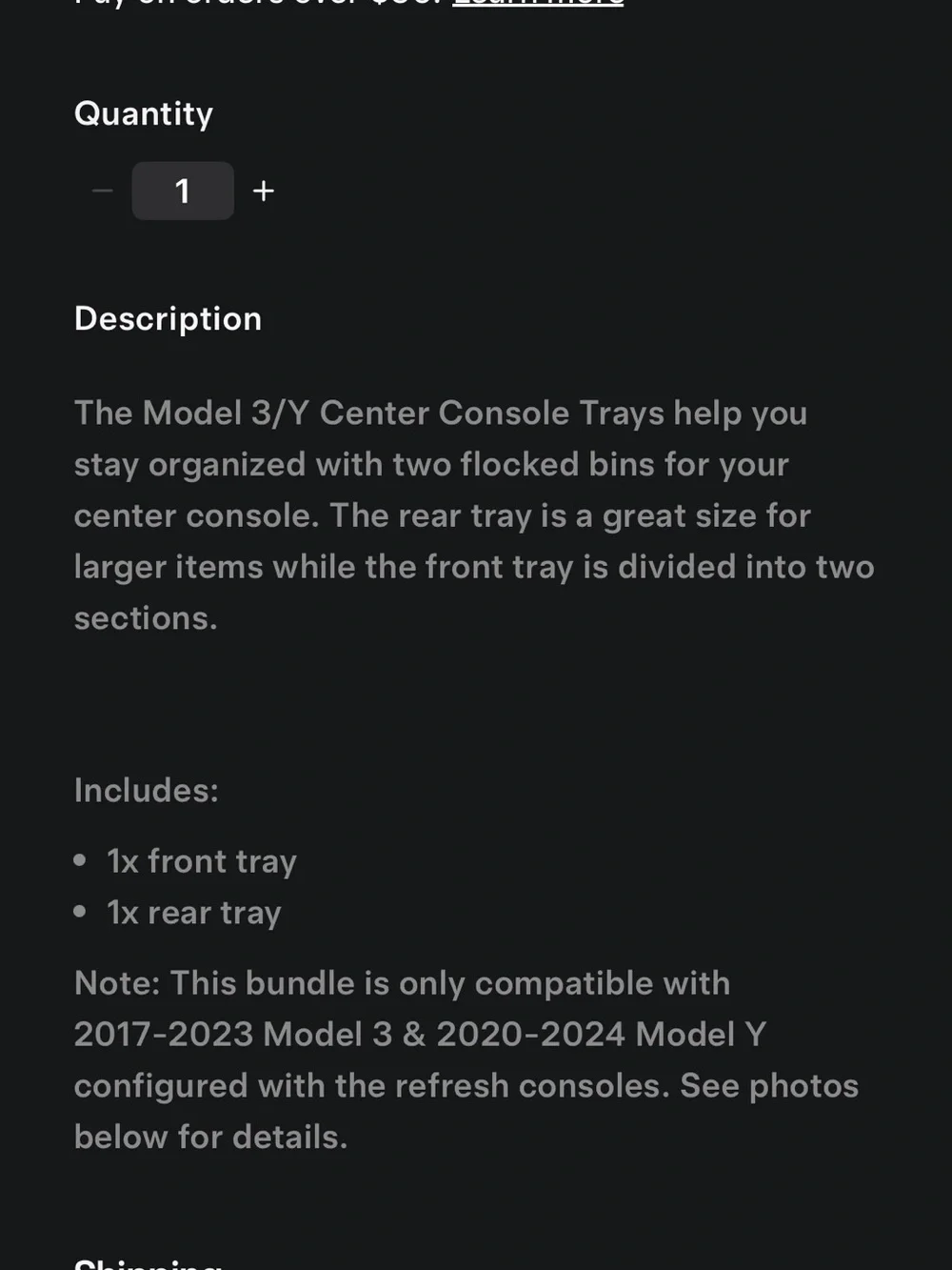 Model 3/Y Center Console Trays Insert - Black Organizer